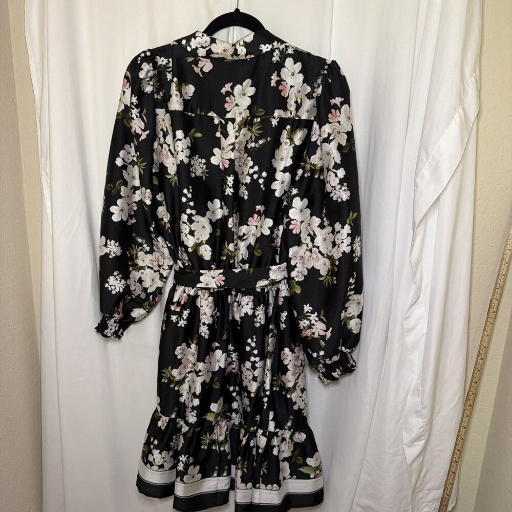 Anne Klein Women 12 Black Floral Shirt Dress Long Sleeve Belted Ruffle Hem - Picture 6 of 9